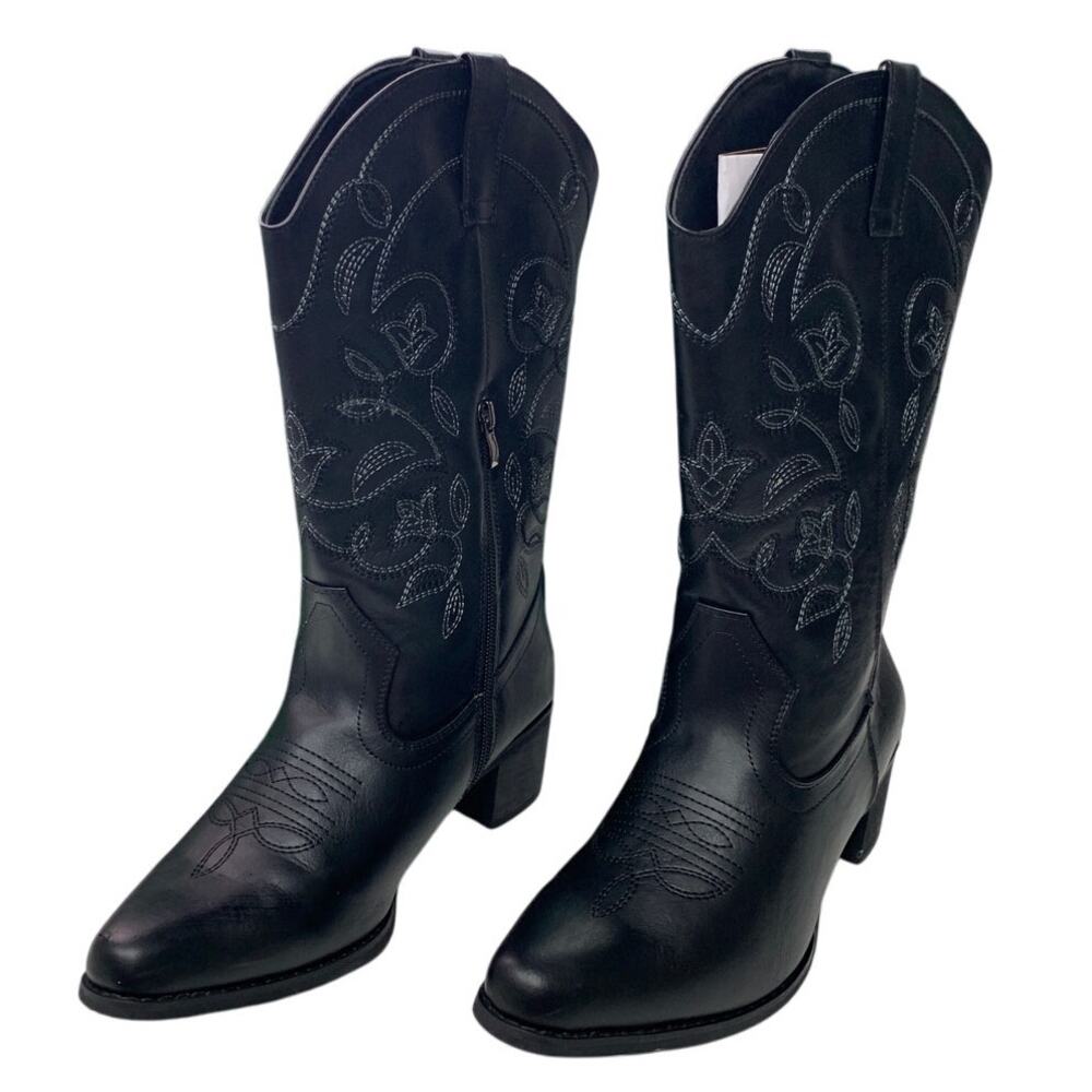 IUV Womens Size 8 Black 2" Block Heel Classic Embroidered Western Cowboy Boots